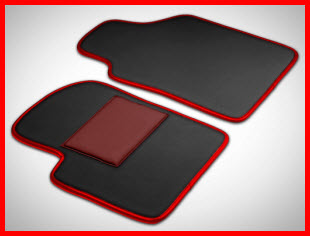 InPelles Exotic Leather Car Mats with Moon Finish, Red Edging and Heel Pad.