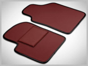 Inpelle Leather Car Mats. Burgundy leather, Deep Black trim, Burgundy heel pad. Exquisite, sophisticated leather car mats are waterproof and ruggedly resist dirt and gunk.