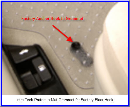 A car floor mat fastener called a grommet is used to anchor this IntroTech Protect-a-Mat to the vehicles floor pan.