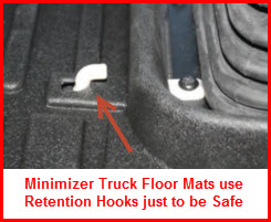 Minimizer Truck Floor Mats are manufactured from a durable thermoplastic and use retention hooks to secure the mat