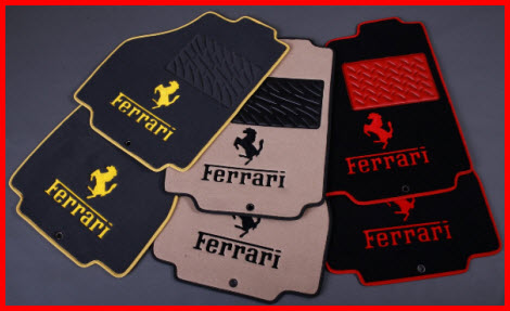 Texcarmats Luxury Line Car Mats with Ferrari Logo and Embroidery. Note the color matching heelpads, binding and stitching.