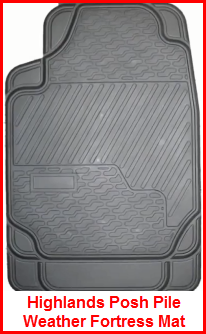 Highland distributes Posh Pile Weather Fortress Rubber Car Floor Mats. Rubber nib backing, traps water, dirt and gunk. Grey, Black and Tan. Tick, heavy, durable.