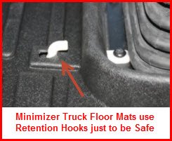 Minimizer Truck Floor Mats are manufactured from a durable thermoplastic and use retention hooks to secure the mat