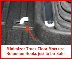 Minimizer Truck Floor Mats are manufactured from a durable thermoplastic and use retention hooks to secure the mat