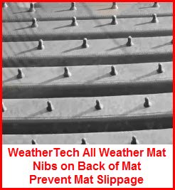 WeatherTech All Weather Floor Mats use nibs on the back of the mat to prevent the mat from slipping on the floor.