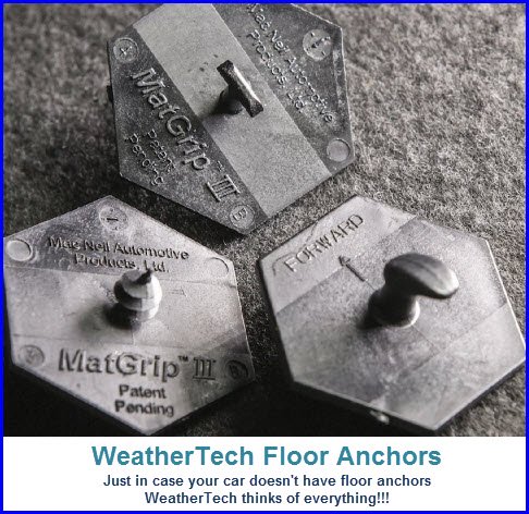 WeatherTech All Weather Floor Mats use existing car floor anchors and also provide the MatGrip floor anchor system.